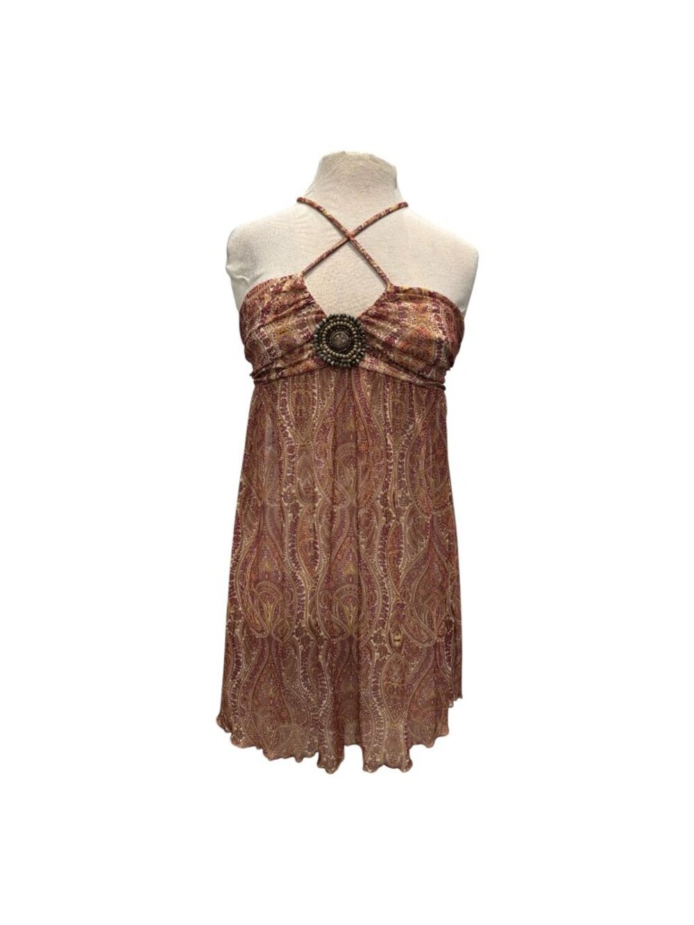 Jodi Kristopher Paisley Halter Mini Dress Womens Small Boho Beaded Y2K - Picture 2 of 8